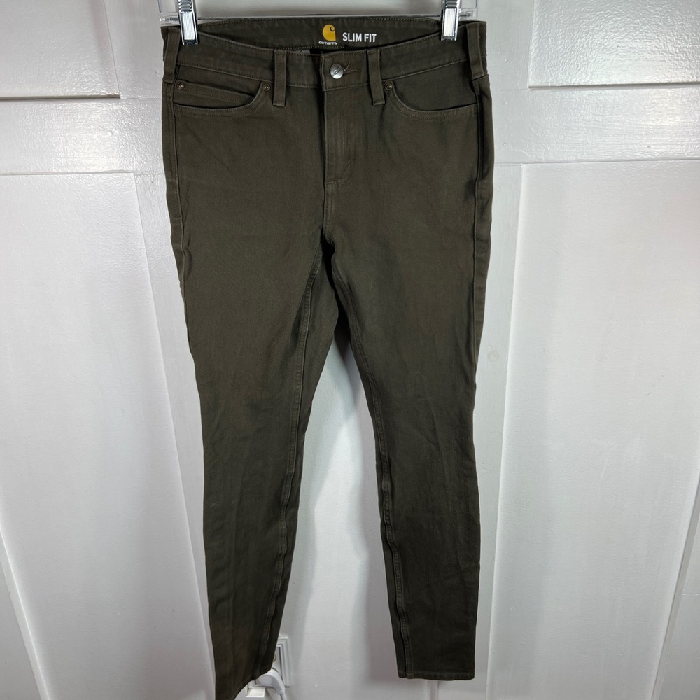 Carhartt Slim Fit Pants Womens 2 Tall Olive Green 104214-217 Stretch Utility